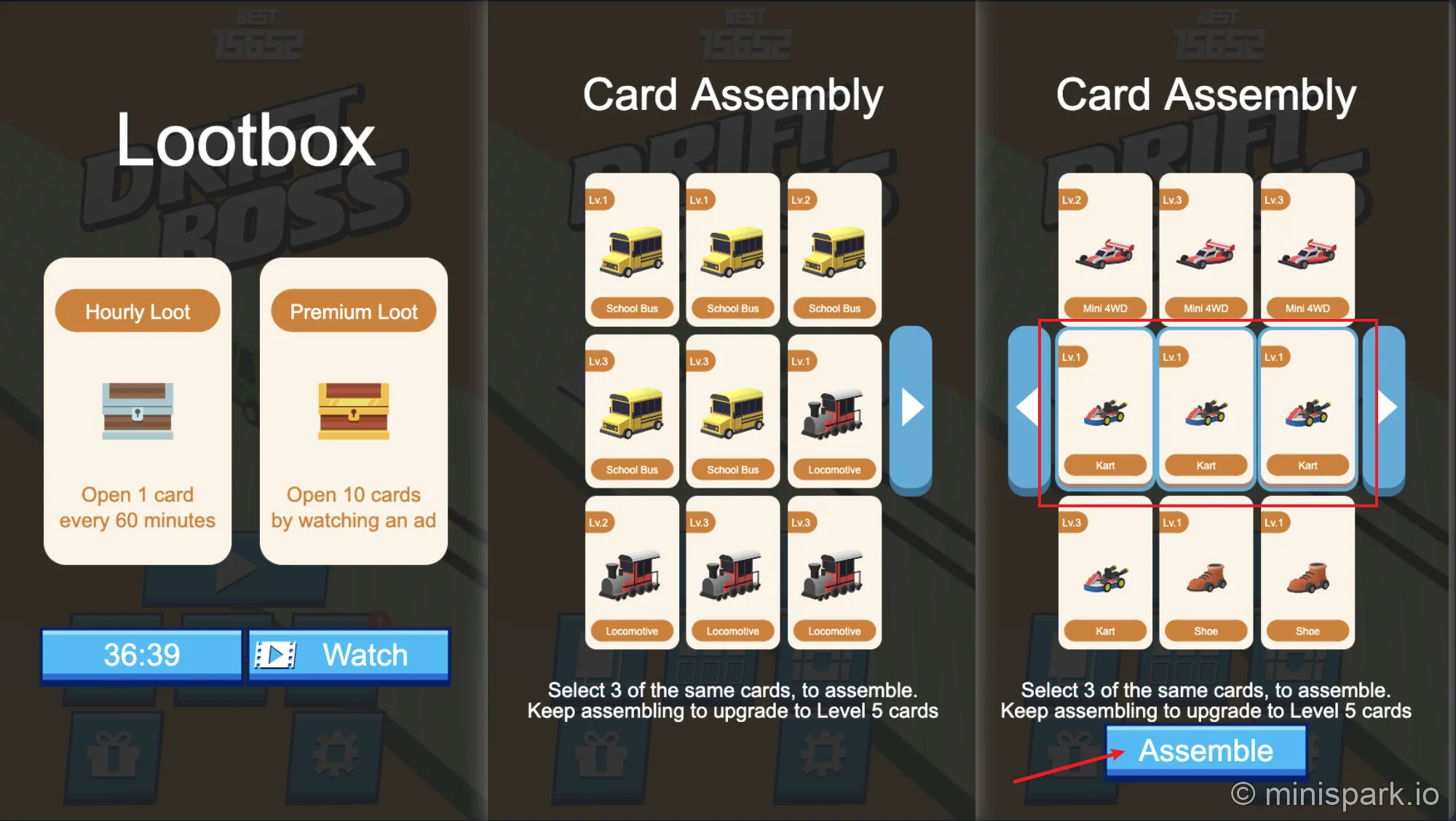 Car Assembly interface showing the Lootbox and card progression system