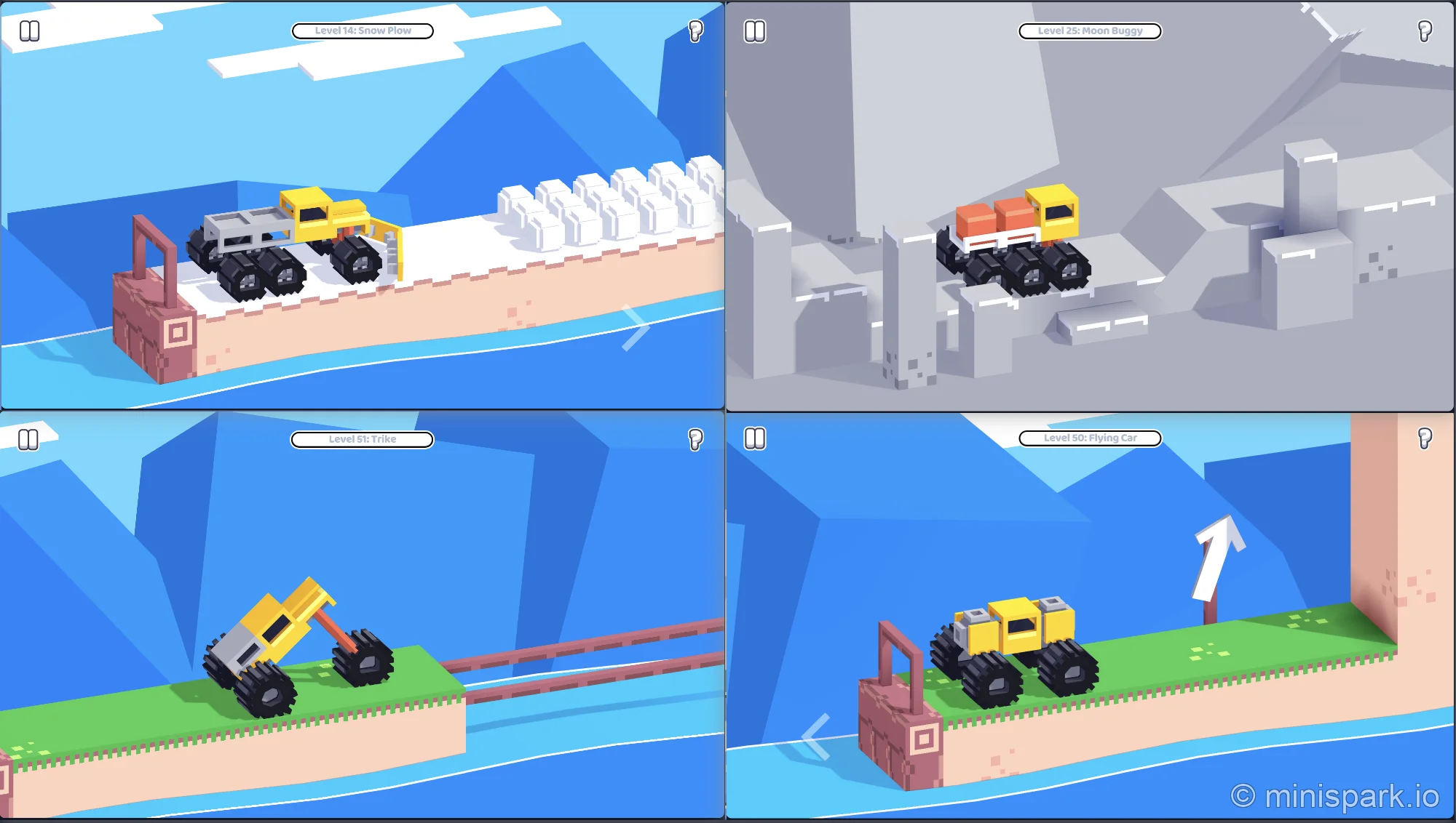 Four different level environments showcasing terrain variety