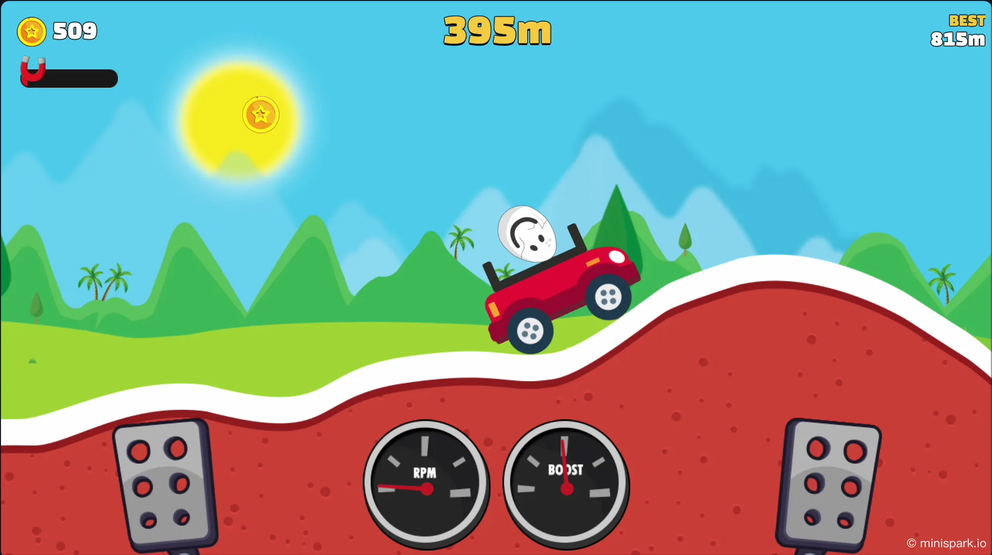 Eggy Car core gameplay showing vehicle carrying egg across bumpy terrain