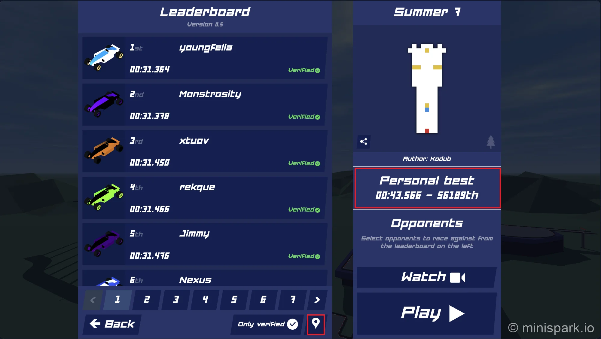 Summer 7 leaderboard showing personal best time ranked at position 56,189