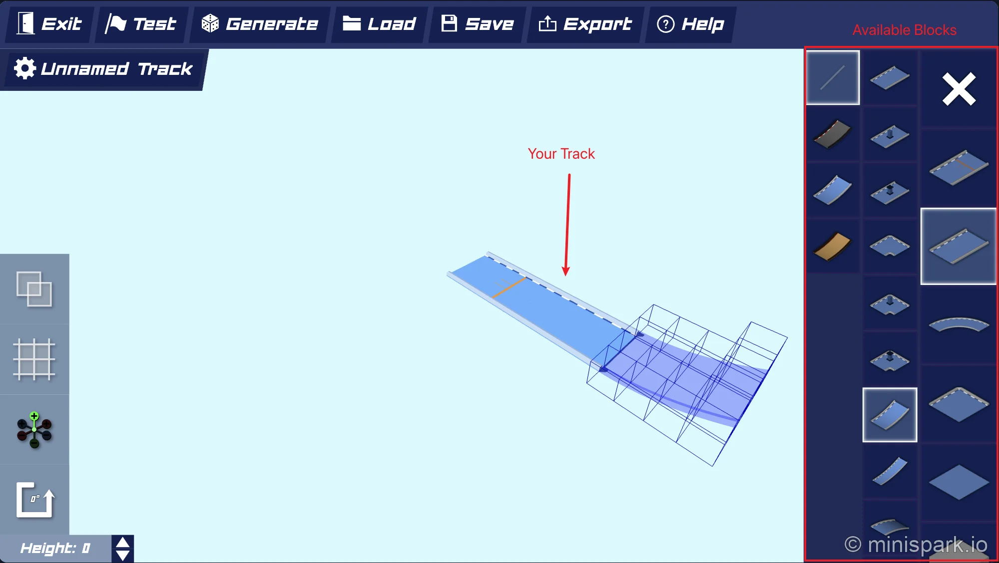 Track editor interface showing the full suite of building tools