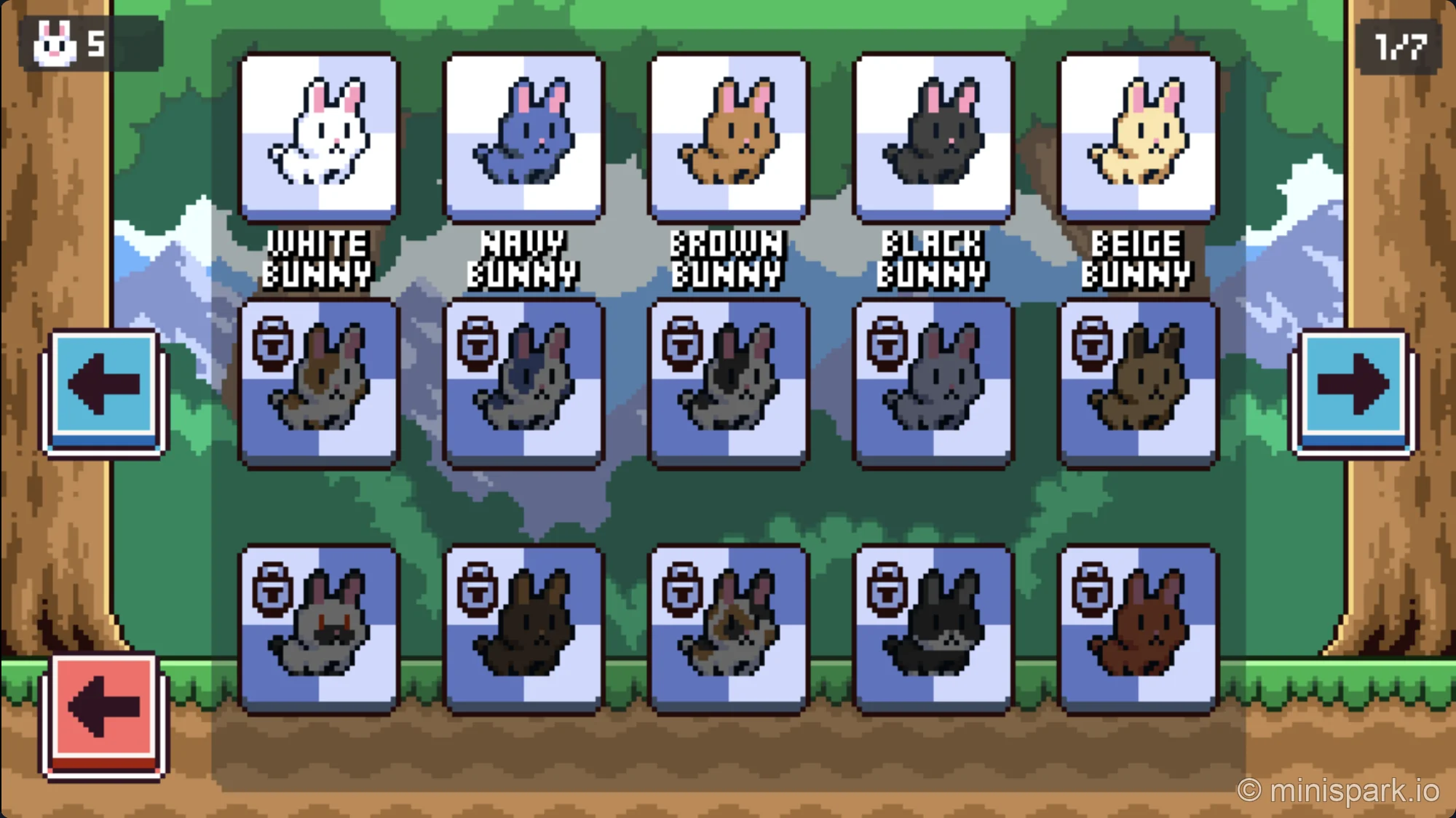 Character selection screen displaying the extensive collection of unlockable bunny skins