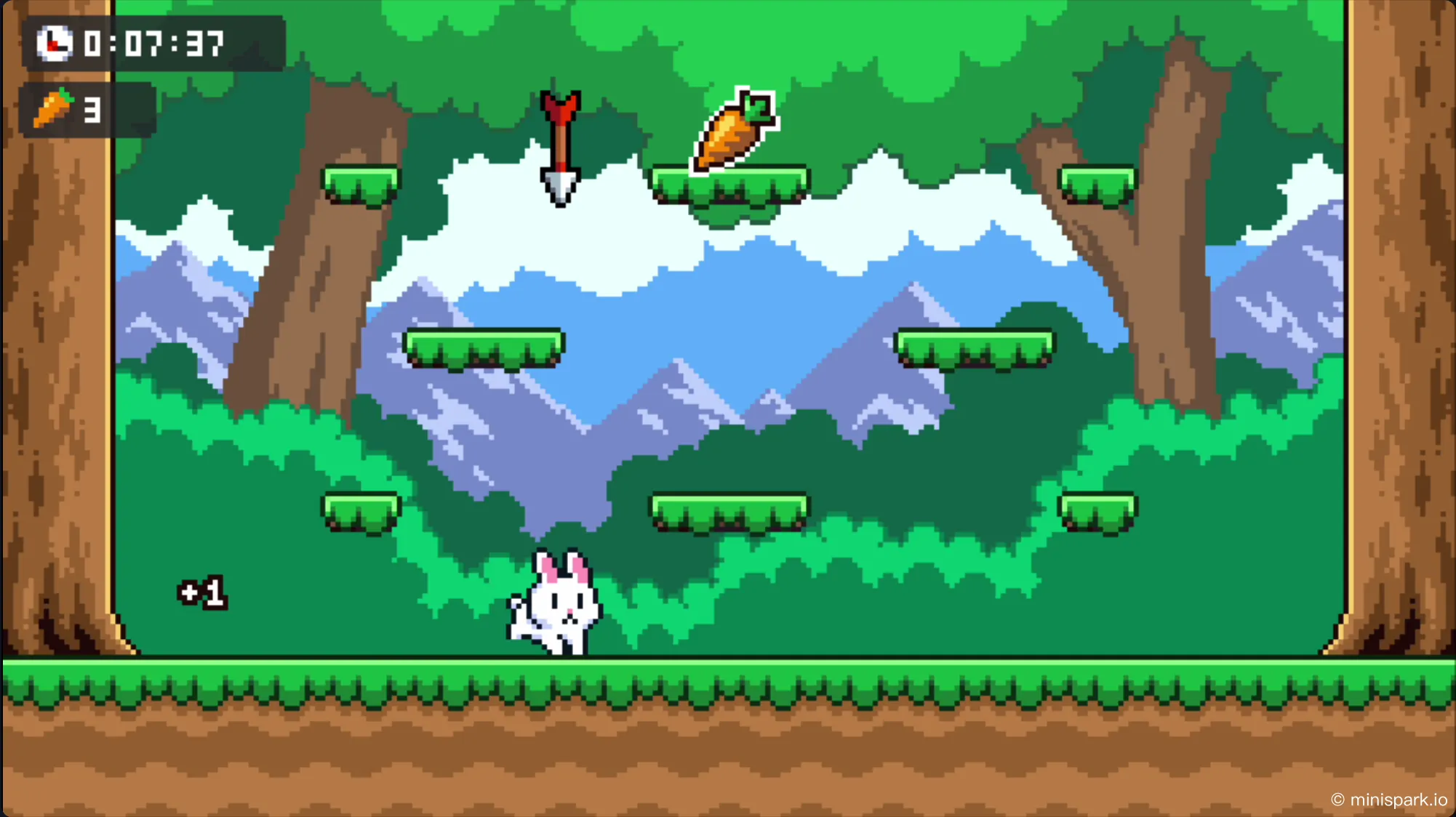 Core gameplay showing bunny collecting carrots while dodging traps