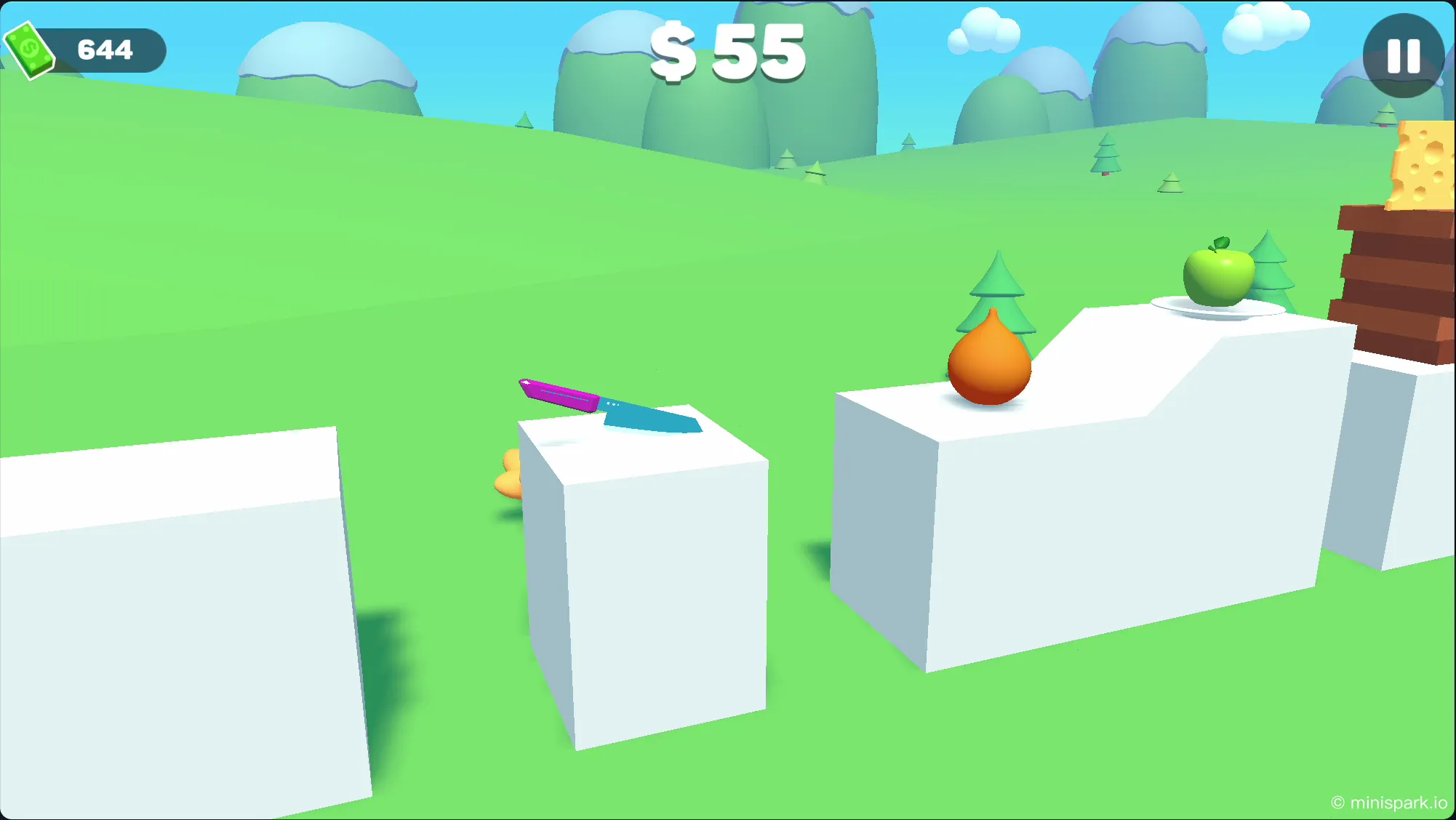 Core gameplay demonstration showing a knife performing a clean flip to slice an apple and land safely on the next platform