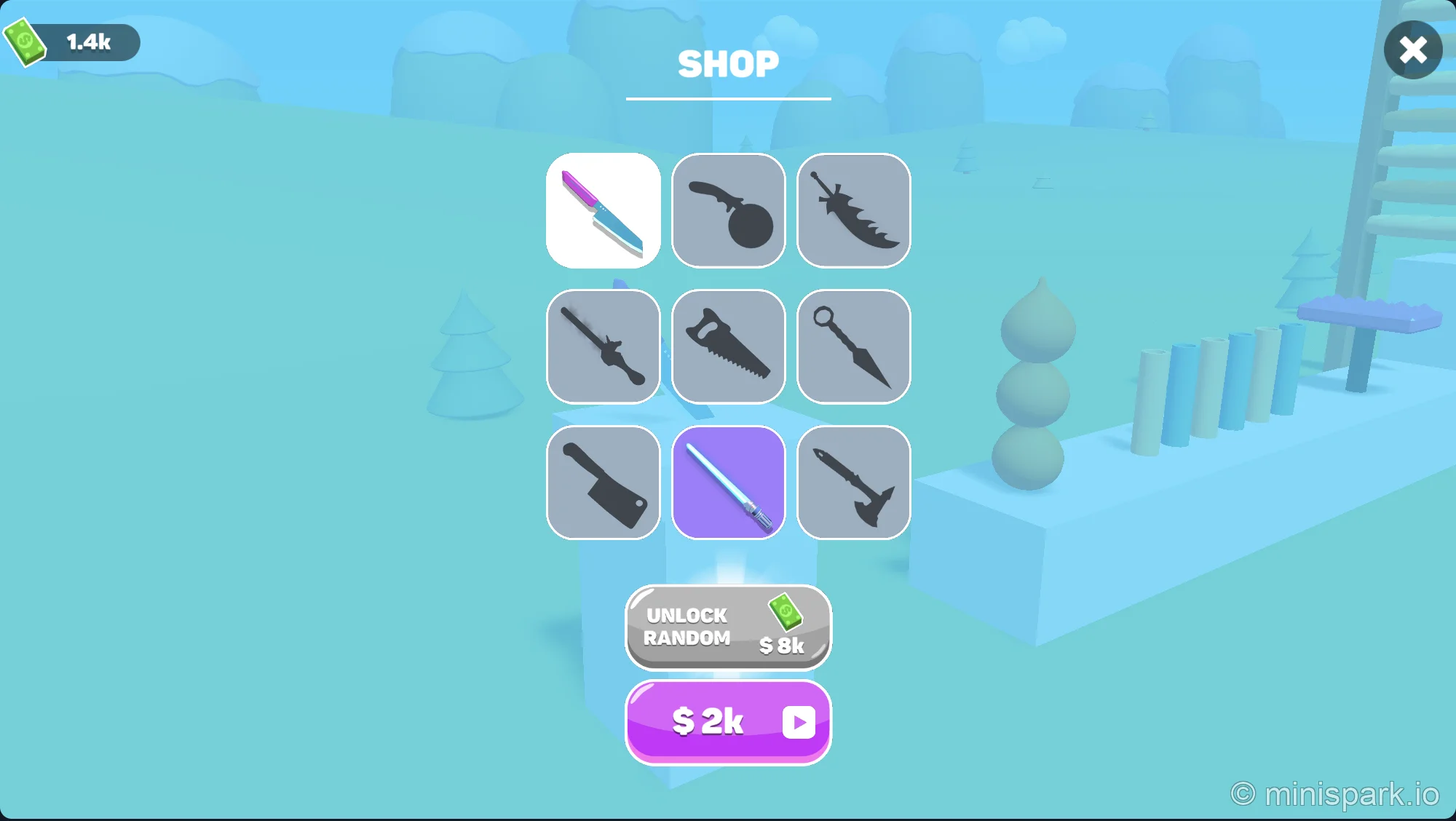 Knife Shop interface showing available knives and unlock options