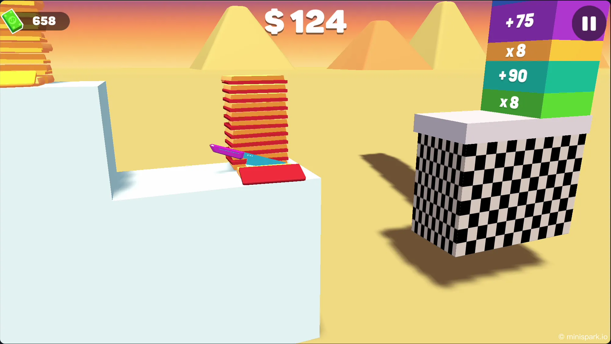 Level end screen showing the multiplier wall with the knife precisely hitting the ×8 highest multiplier target