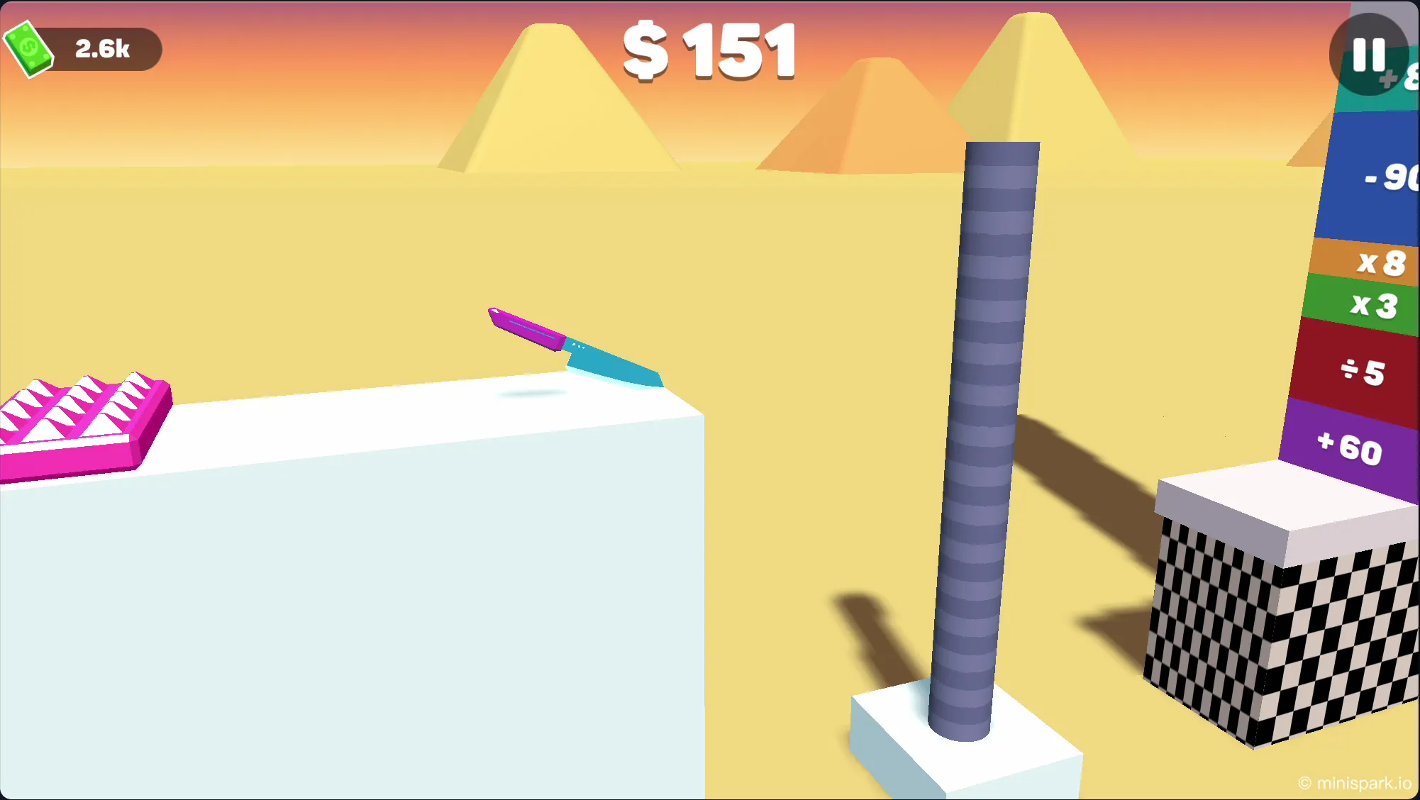 Satisfying combo showing a knife executing multiple flips to rapidly slice through a long chain of tightly arranged objects